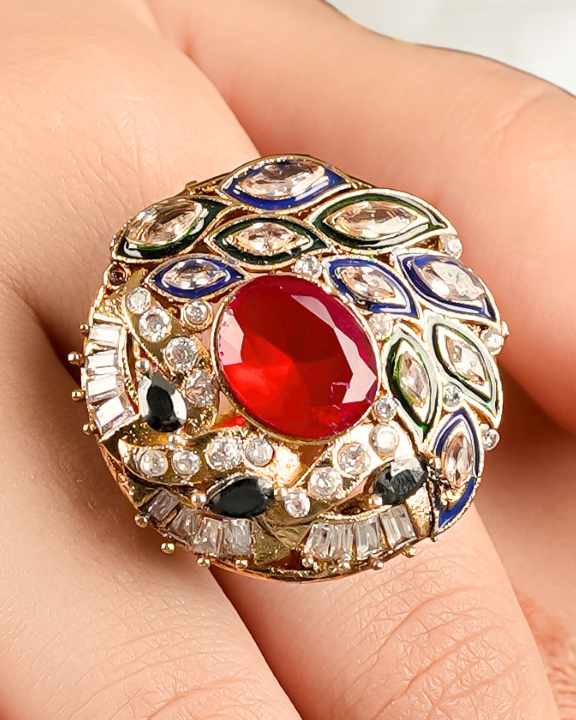 Ruby Kundan Ring With Meena
