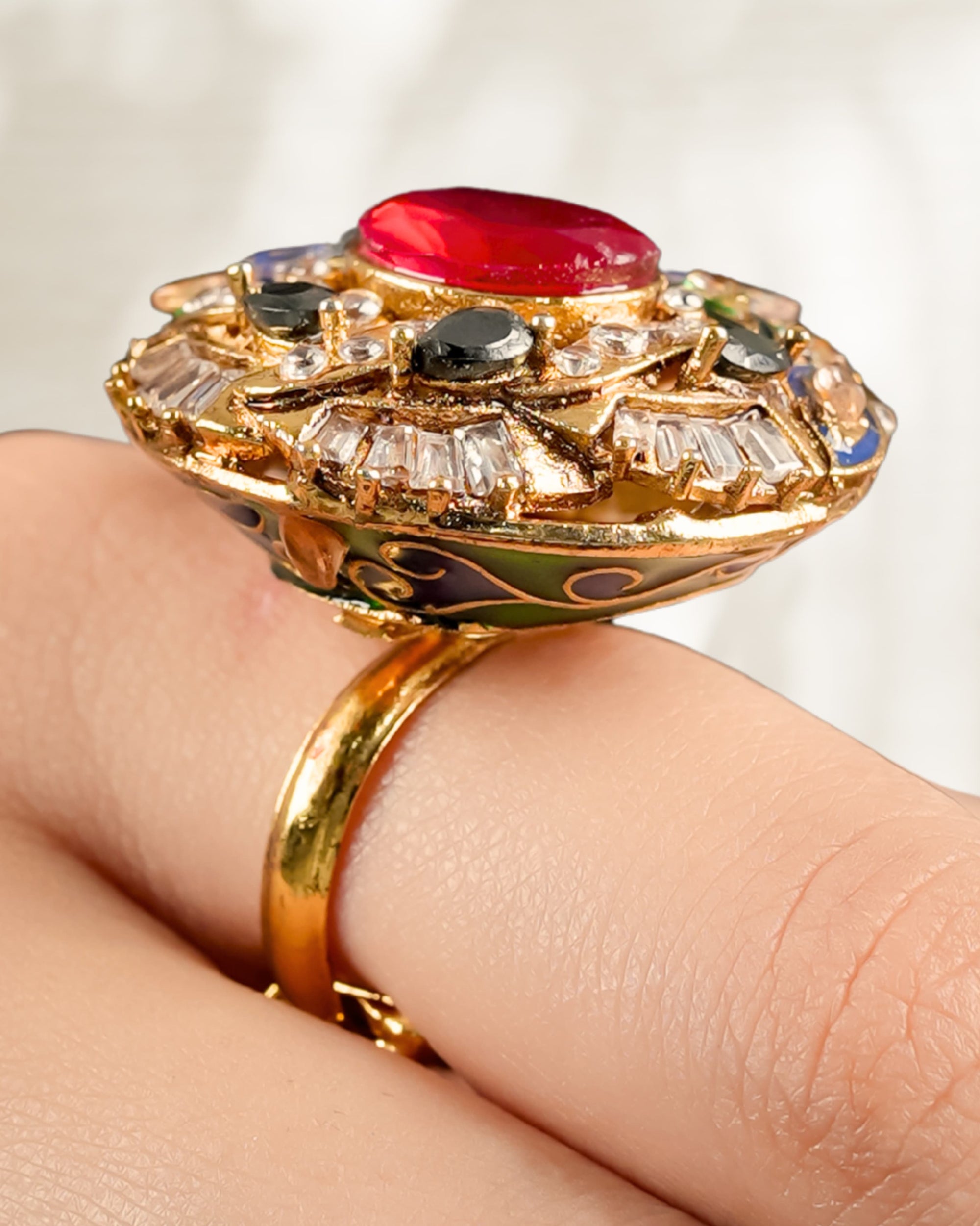 Ruby Kundan Ring With Meena